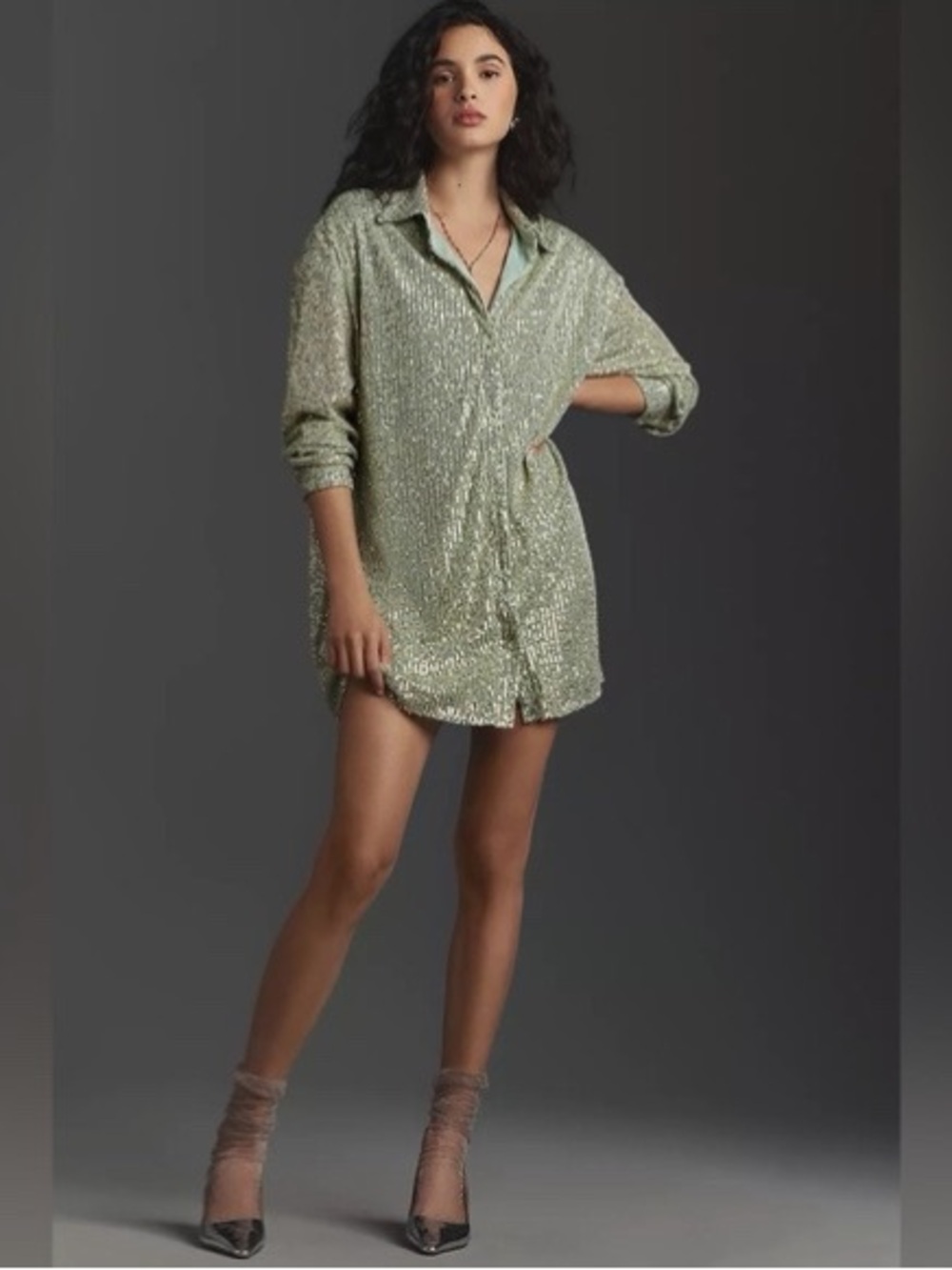 Anthropologie Mint Green Sequin Shirt Dress Button Front Tunic Cocktail Party XL